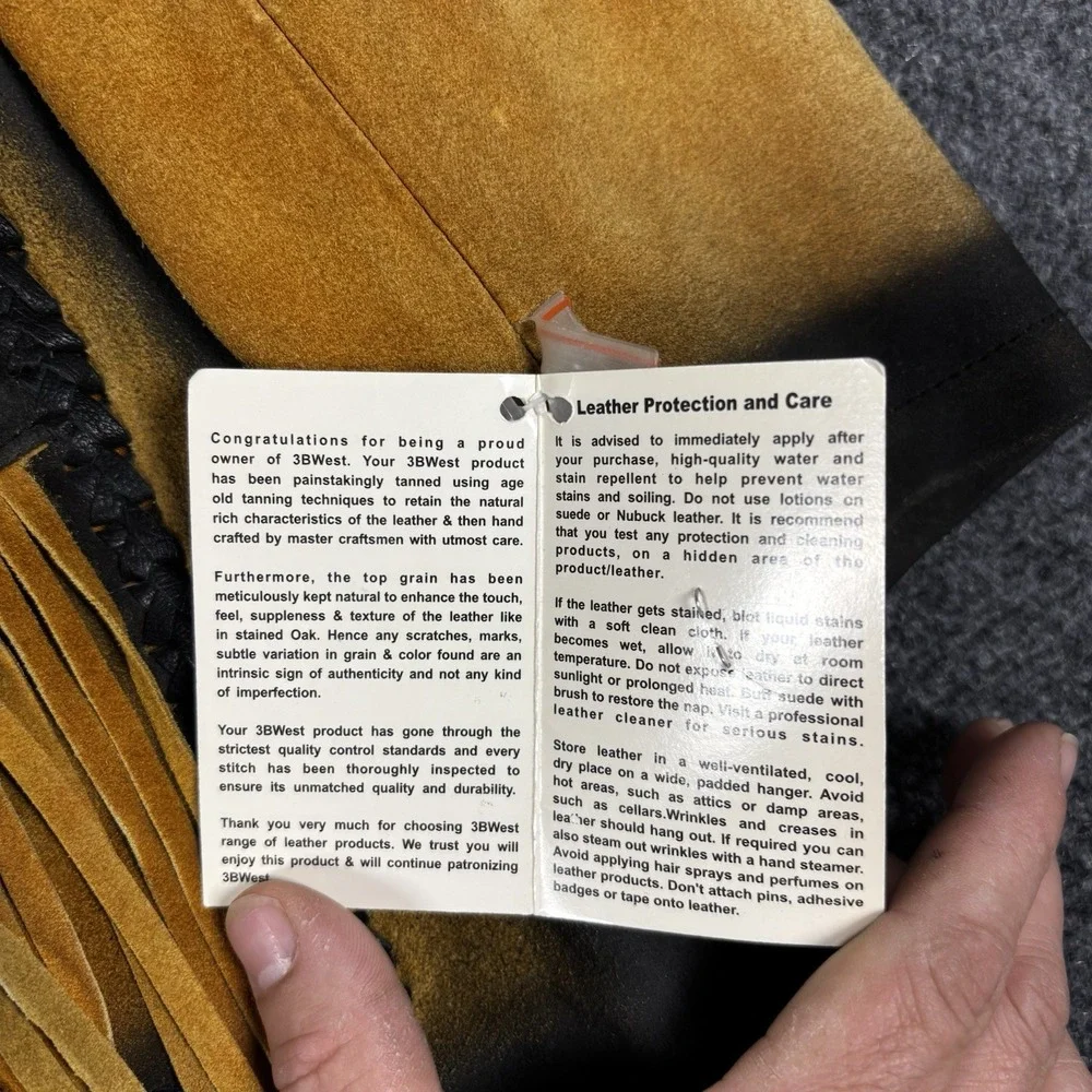 3B West Leather Fringe Jacket Womens L Tan Black Indian Eagle Western NWT - Picture 4 of 9